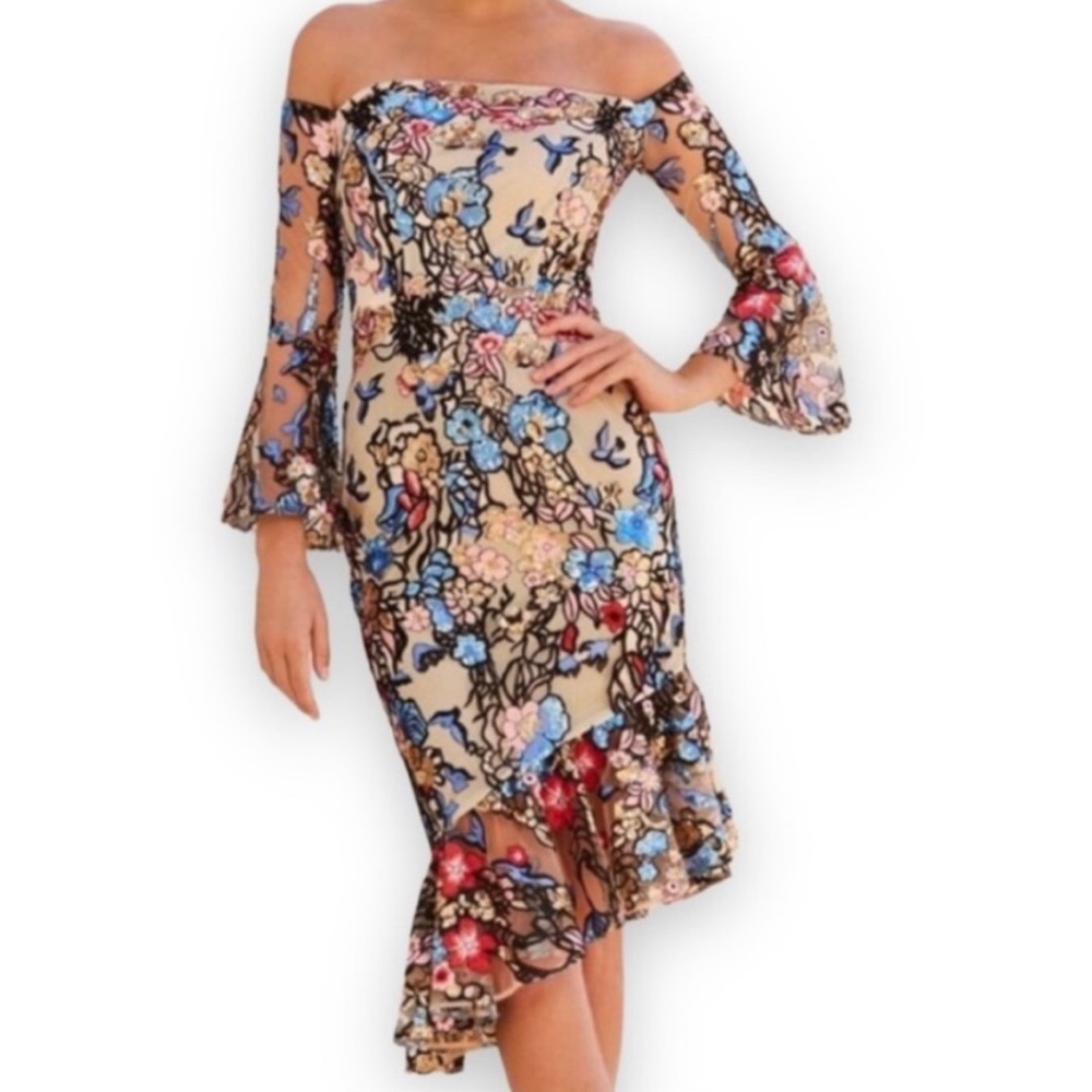 Alexia Admor Flower Sequin Off Shoulder Asymmetrical Dress NWT